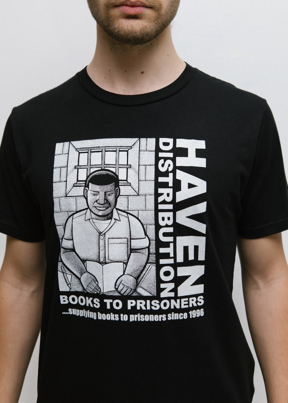Haven Distribution books to prisoners shirt |Photography by Ellie Ramsden for Freedom Press